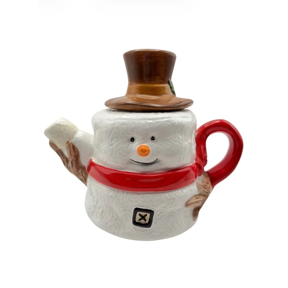 Vintage 3 Piece Ceramic Stacking Snowman Teapot Mug Set Christmas Holiday Decor